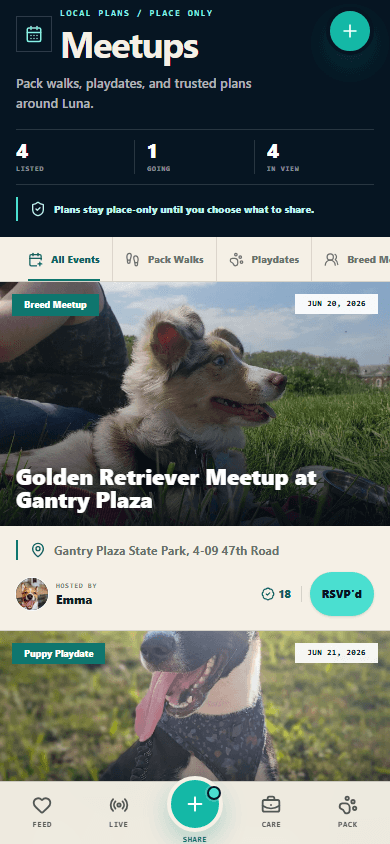 Meetups Pawborhood app screen captured from the running product.