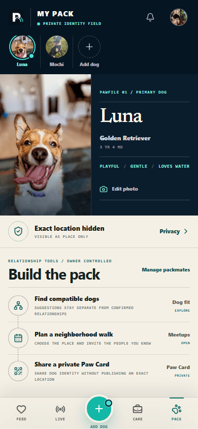 Pawborhood My Pack showing a dog profile and neighborhood relationships.